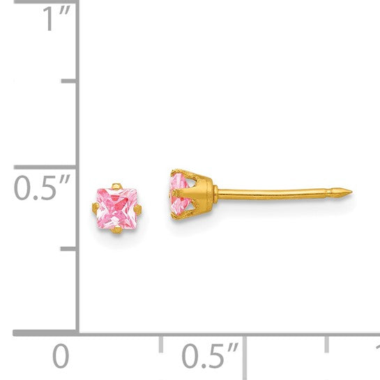 Inverness 14k 3mm Square Pink CZ Post Piercing Earrings