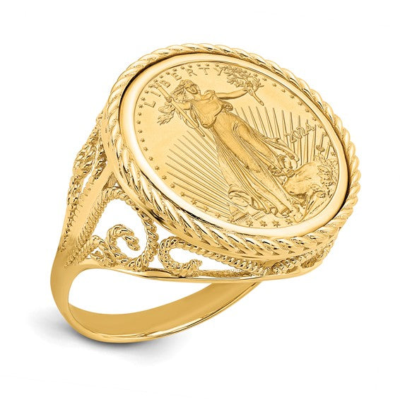 Wideband Distinguished Coin Jewelry 10k Ladies' Polished and Twisted Wire Scroll Design Mounted 1/10oz American Eagle Coin Bezel Ring