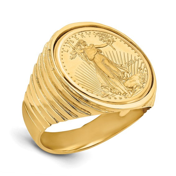 Wideband Distinguished Coin Jewelry 10k Men's Polished Ribbed Edge Mounted 1/10oz American Eagle Coin Bezel Ring
