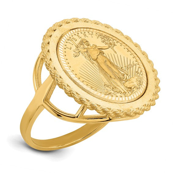 Wideband Distinguished Coin Jewelry 10k Ladies' Polished Textured and Diamond-cut with Rope Edge Mounted 1/10oz American Eagle Coin Bezel Ring