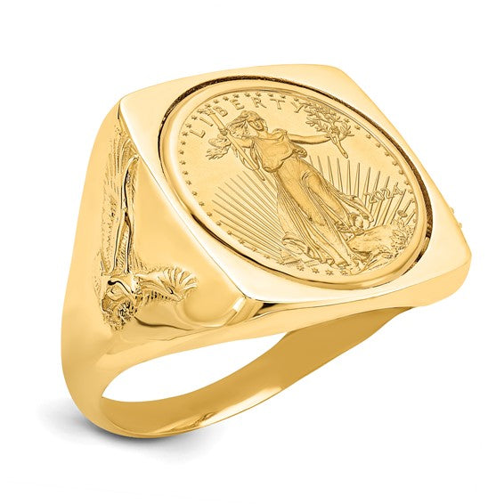 Wideband Distinguished Coin Jewelry 10k Men's Polished with Flying Eagle Sides Square Shaped Mounted 1/10oz American Eagle Coin Bezel Ring