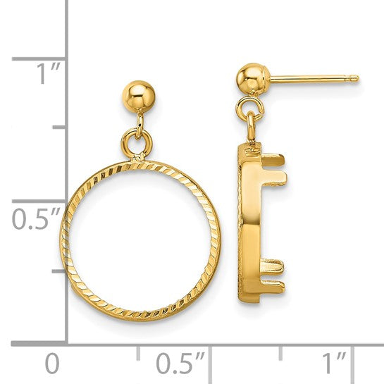 Wideband Distinguished Coin Jewelry 14k Polished and Diamond-cut Classic 16.5mm Prong Coin Bezel Post Dangle Earrings