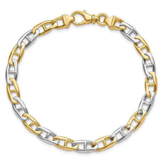 14K Two-tone 6.6mm Hand Polished Fancy Flat Anchor Link with Fancy Lobster Clasp Chain (per inch)