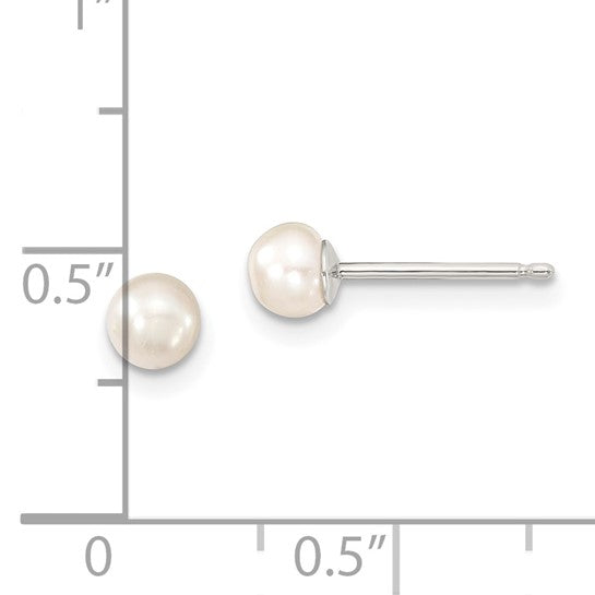 Sterling Silver Rhodium-plated 4-5mm White Button Freshwater Cultured Pearl Post Earrings