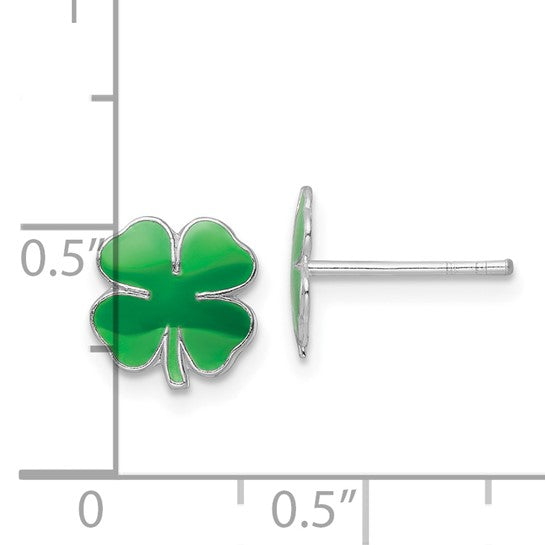 Sterling Silver Rhodium-plated Polished & Green Enameled Four Leaf Clover Children's Post Earrings
