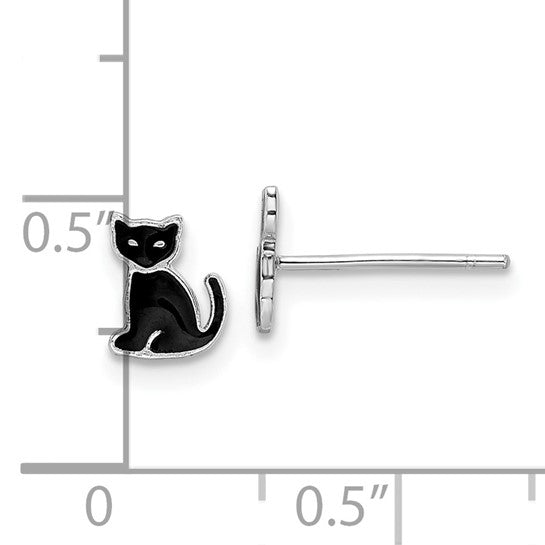 Sterling Silver RH-plated Polished Black Enameled Cat Post Earrings