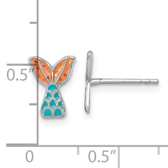 New Sterling Silver Madi K Rhodium-plated Enameled Mermaid Tail Childrens Post Earrings