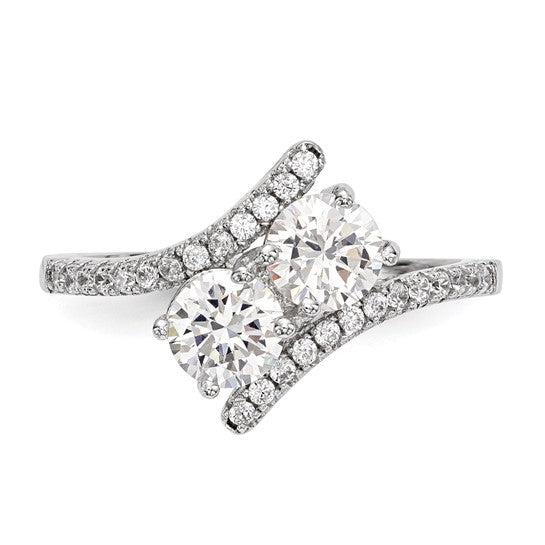 Sterling Silver Rhodium-plated CZ Two Stone Round Bypass Ring
