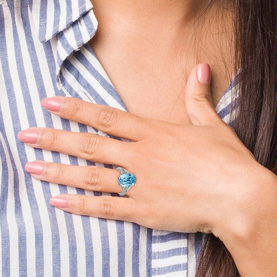 Sterling Silver Rhodium-plated Polished CZ and Blue Crystal Ring
