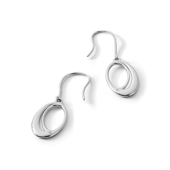 Sterling Silver Rhodium-plated Open Oval Diamond Shepherd Hook Dangle Earrings