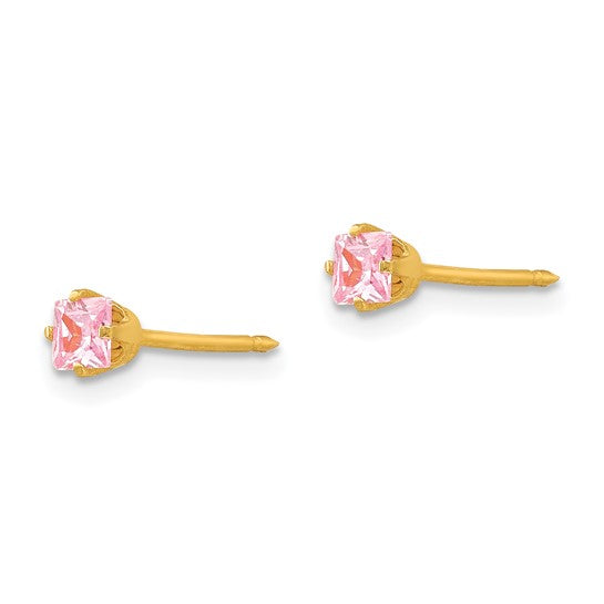 Inverness 14k 3mm Square Pink CZ Post Piercing Earrings