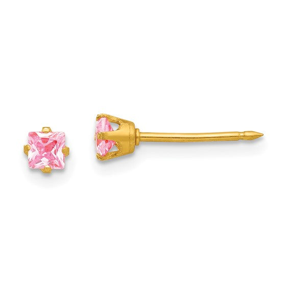 Inverness 14k 3mm Square Pink CZ Post Piercing Earrings