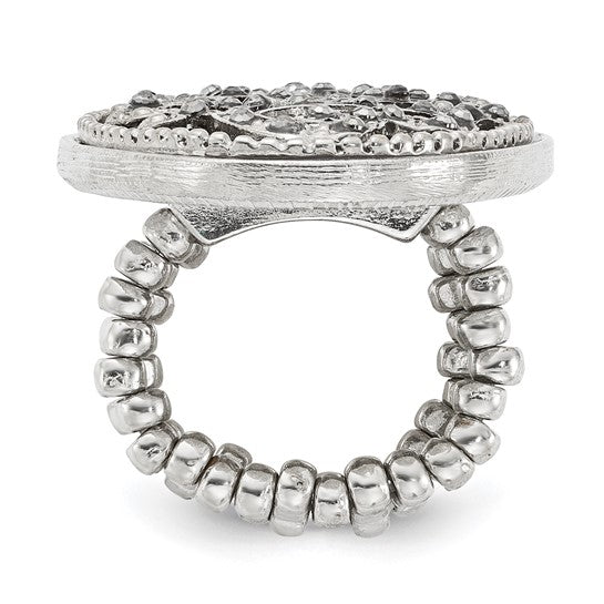 1928 Silver-tone Black Enamel and Black Crystal Vintage Vine Pattern Stretch Ring