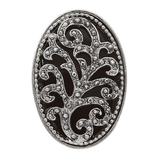 1928 Silver-tone Black Enamel and Black Crystal Vintage Vine Pattern Stretch Ring