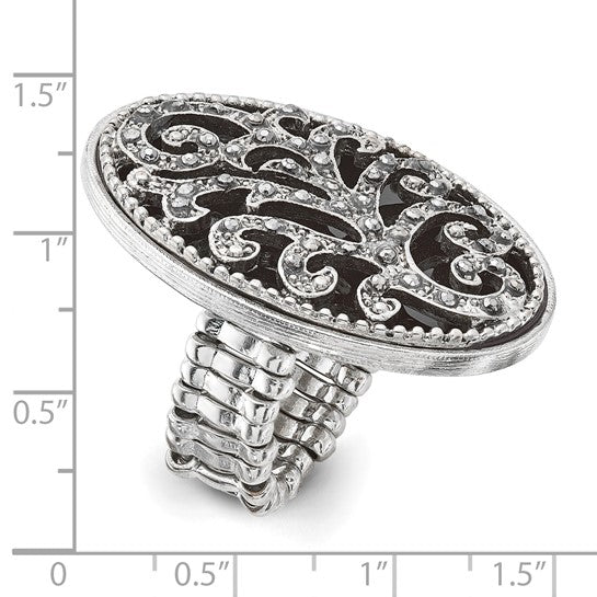 1928 Silver-tone Black Enamel and Black Crystal Vintage Vine Pattern Stretch Ring
