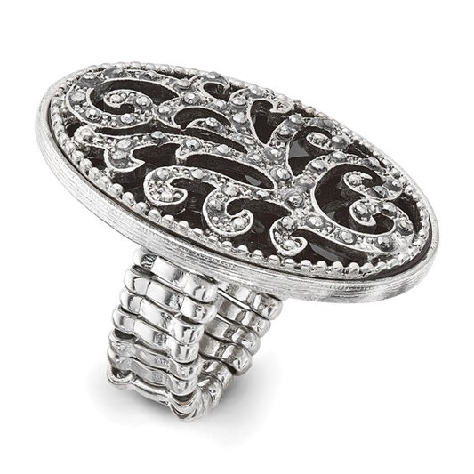 1928 Silver-tone Black Enamel and Black Crystal Vintage Vine Pattern Stretch Ring