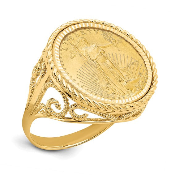 Wideband Distinguished Coin Jewelry 10k Ladies' Polished Diamond-cut and Twisted Wire Scroll Design Mounted 1/10oz American Eagle Coin Bezel Ring