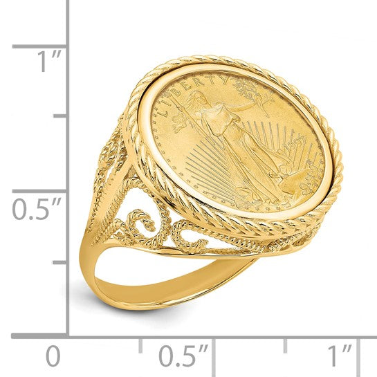 Wideband Distinguished Coin Jewelry 14k Ladies' Polished Textured and Diamond-cut Rope Edge Mounted 1/10oz American Eagle Coin Bezel Ring