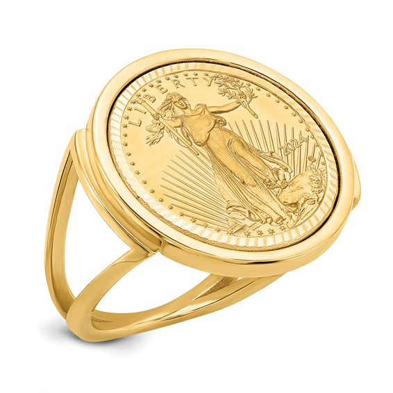 Wideband Distinguished Coin Jewelry 10k Ladies' Polished and Diamond-cut Mounted 1/10oz American Eagle Coin Bezel Ring