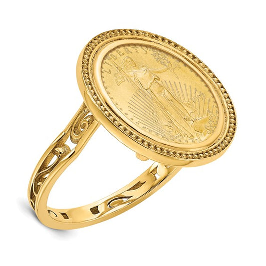 Wideband Distinguished Coin Jewelry 10k Ladies' Polished Filigree Sides and Beaded Top Mounted 1/10oz American Eagle Coin Bezel Ring