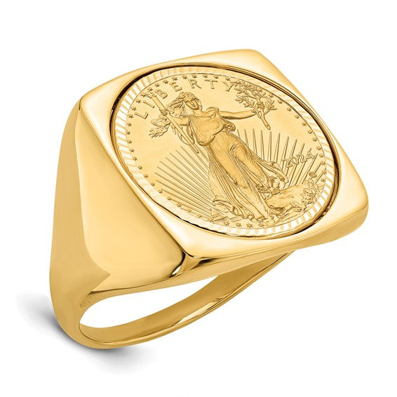 Wideband Distinguished Coin Jewelry 10k Men's Polished and Diamond-cut Square Shaped Mounted 1/10oz American Eagle Coin Bezel Ring