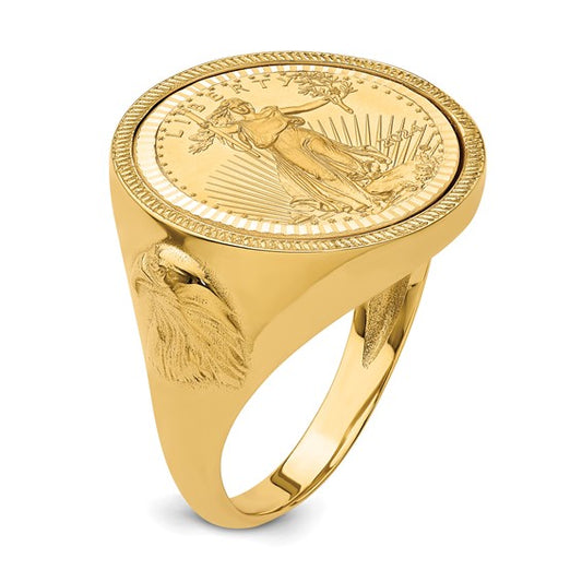 Wideband Distinguished Coin Jewelry 14k Men's Polished Textured and Diamond-cut with Eagle Side Mounted 1/10oz American Eagle Coin Bezel Ring
