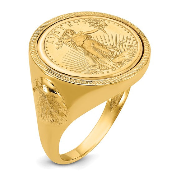 Wideband Distinguished Coin Jewelry 10k Men's Polished and Textured with Eagle Sides Mounted 1/10oz American Eagle Coin Bezel Ring