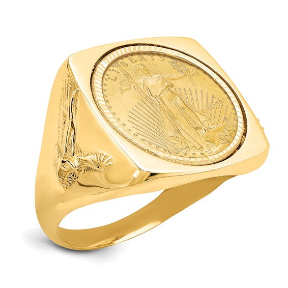Wideband Distinguished Coin Jewelry 10k Men's Polished and Diamond-cut with Flying Eagle Sides Square Shaped Mounted 1/10oz American Eagle Coin Bezel Ring