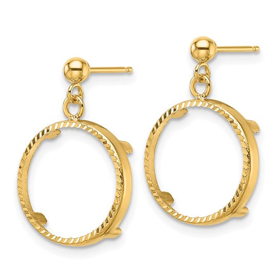 Wideband Distinguished Coin Jewelry 14k Polished and Diamond-cut Classic 15.0mm Prong Coin Bezel Post Dangle Earrings