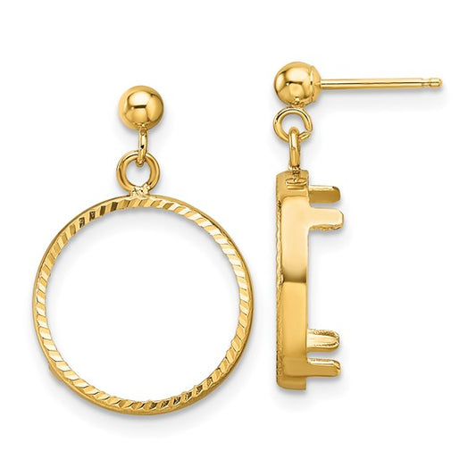 Wideband Distinguished Coin Jewelry 14k Polished and Diamond-cut Classic 16.5mm Prong Coin Bezel Post Dangle Earrings
