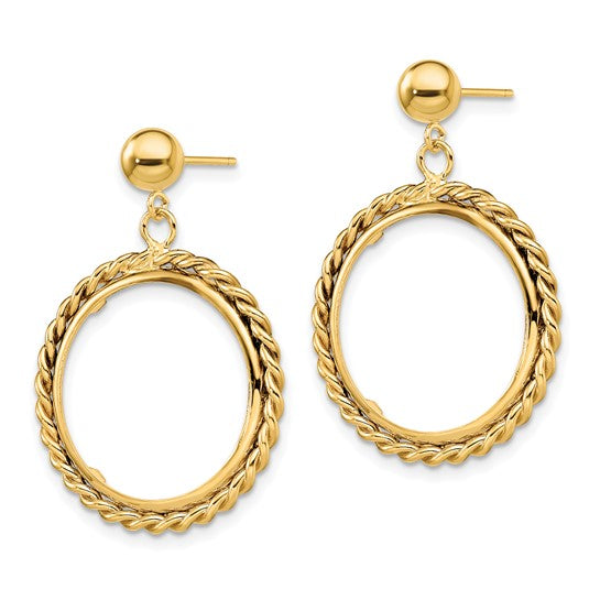 14k Polished  Wire Prong Coin Bezel Post Dangle Earrings