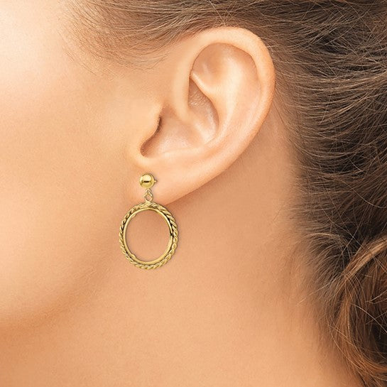 14k Polished  Wire Prong Coin Bezel Post Dangle Earrings
