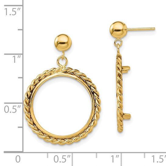 Wideband Distinguished Coin Jewelry 14k Polished and Diamond-cut Classic 15.0mm Prong Coin Bezel Post Dangle Earrings