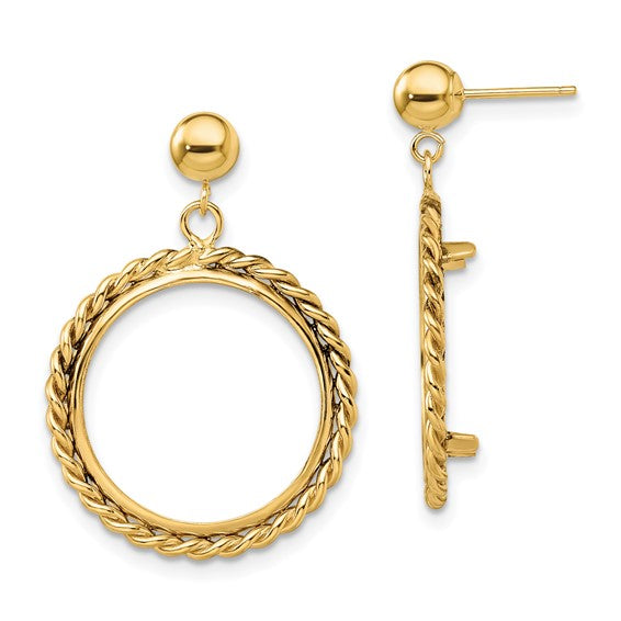 14k Polished  Wire Prong Coin Bezel Post Dangle Earrings