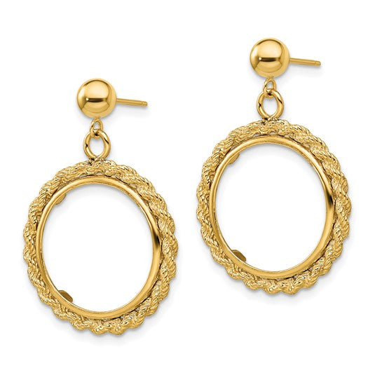 14k Polished Rope 13.0mm Prong Coin Bezel Post Dangle Earrings