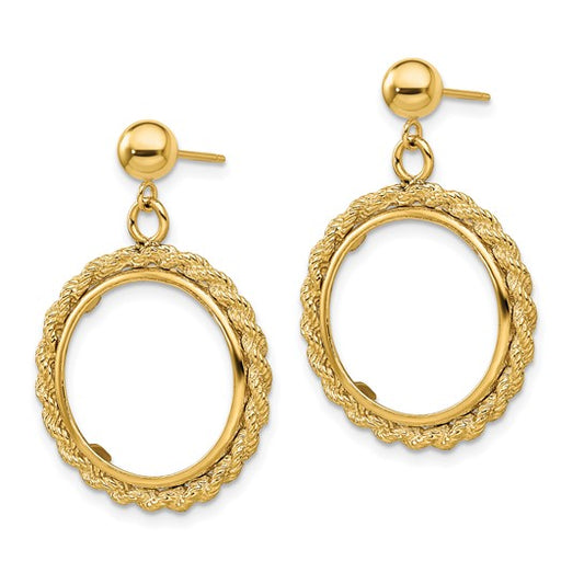 14k Polished Rope 13.0mm Prong Coin Bezel Post Dangle Earrings