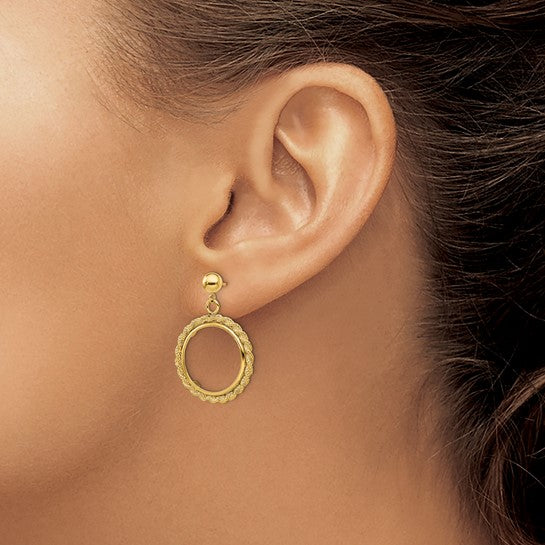 14k Polished Rope 13.0mm Prong Coin Bezel Post Dangle Earrings