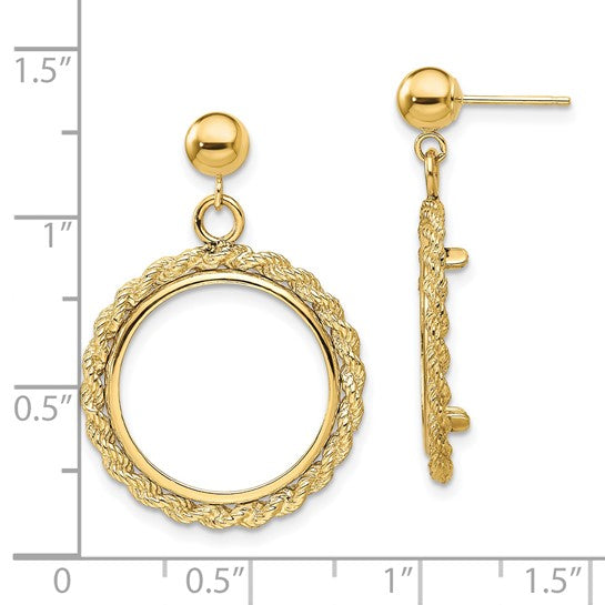 14k Polished Rope 13.0mm Prong Coin Bezel Post Dangle Earrings