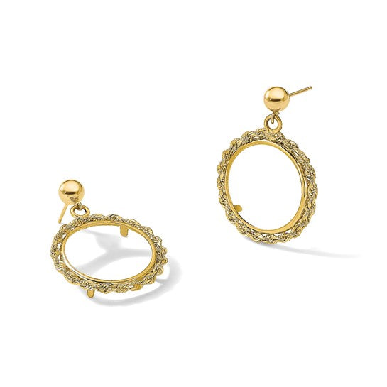14k Polished Rope 13.0mm Prong Coin Bezel Post Dangle Earrings