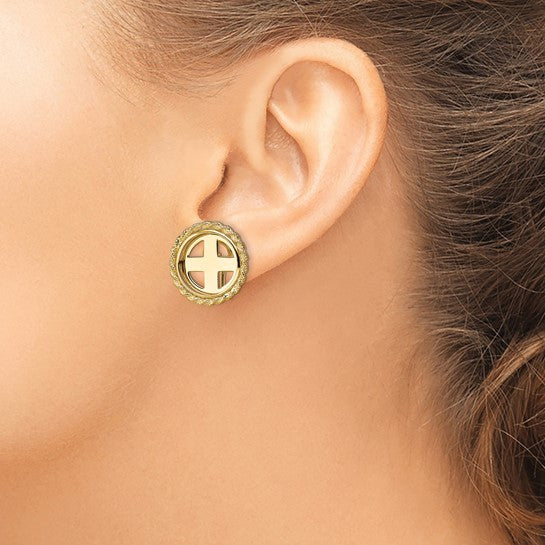 Wideband Distinguished Coin Jewelry 14k Polished Rope 16.5mm Prong Coin Bezel Omega Post Earrings