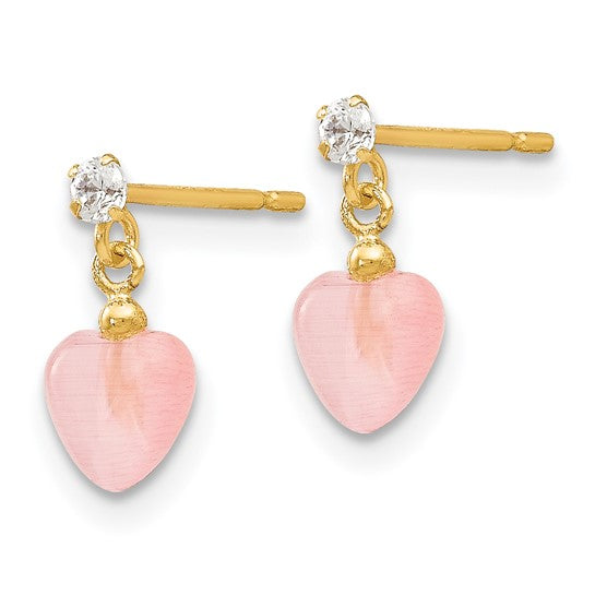 14k Madi K CZ and Pink Cats Eye Heart Dangle Childrens Post Earrings