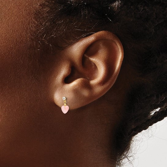 14k Madi K CZ and Pink Cats Eye Heart Dangle Childrens Post Earrings