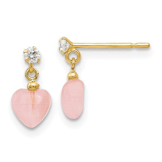 14k Madi K CZ and Pink Cats Eye Heart Dangle Childrens Post Earrings
