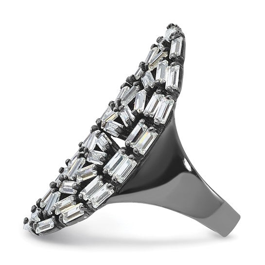 Sterling Silver & Black Ruthenium Oval Baguette Crystal Size 6 Ring
