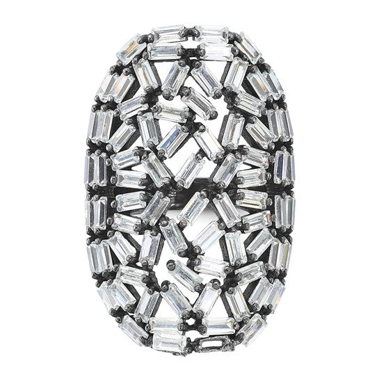 Sterling Silver & Black Ruthenium Oval Baguette Crystal Size 9 Ring