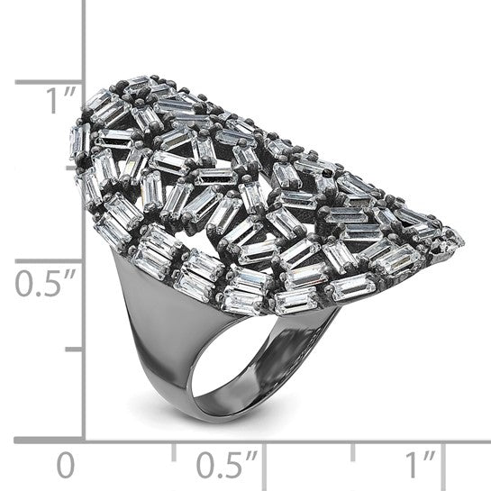 Sterling Silver & Black Ruthenium Oval Baguette Crystal Size 10 Ring