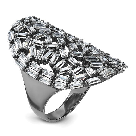 Sterling Silver & Black Ruthenium Oval Baguette Crystal Size 6 Ring