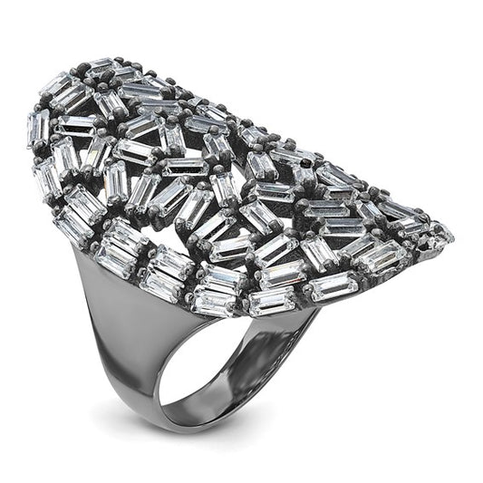 Sterling Silver & Black Ruthenium Oval Baguette Crystal Size 10 Ring