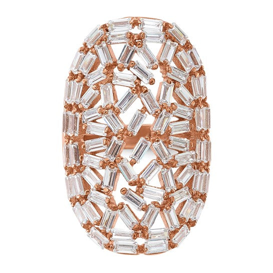 Sterling Silver Rose Gold-plated Oval Baguette Crystal Size 7 Ring