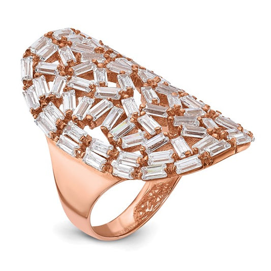 Sterling Silver Rose Gold-plated Oval Baguette Crystal Size 7 Ring